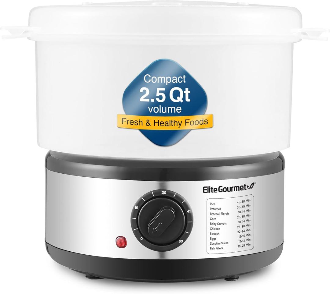 Elite Gourmet EST250 2.5 Quart Electric Compact Mini Food Vegetable Steamer, 400W with BPA-Free Tray, Auto Shut-off 60-min Timer, Veggies, Seafood, Chicken, Egg Cooker and more