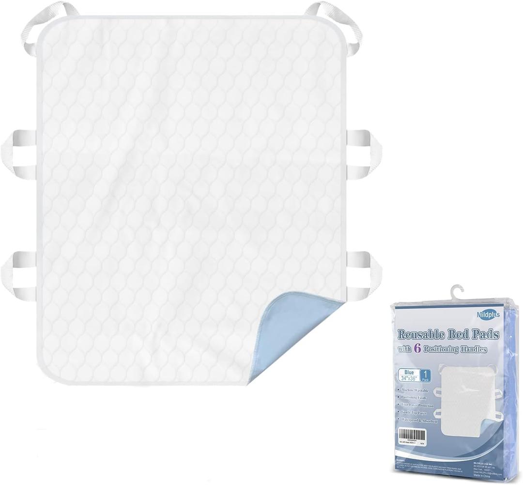 Washable Bed Pads with 6 Sturdy Handles 3436 Extra Large Reusable Underpads 4-Layers Leakproof Chucks Pads Washable for Incontinence (Blue,1 Pack)