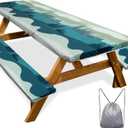 Picnic Table Cover with Bench Covers Camping Essentials Waterproof Windproof Camping Tablecloth with Drawstring Bag, Fitted Rectangle Tables and Seats, 96in, Green Blue