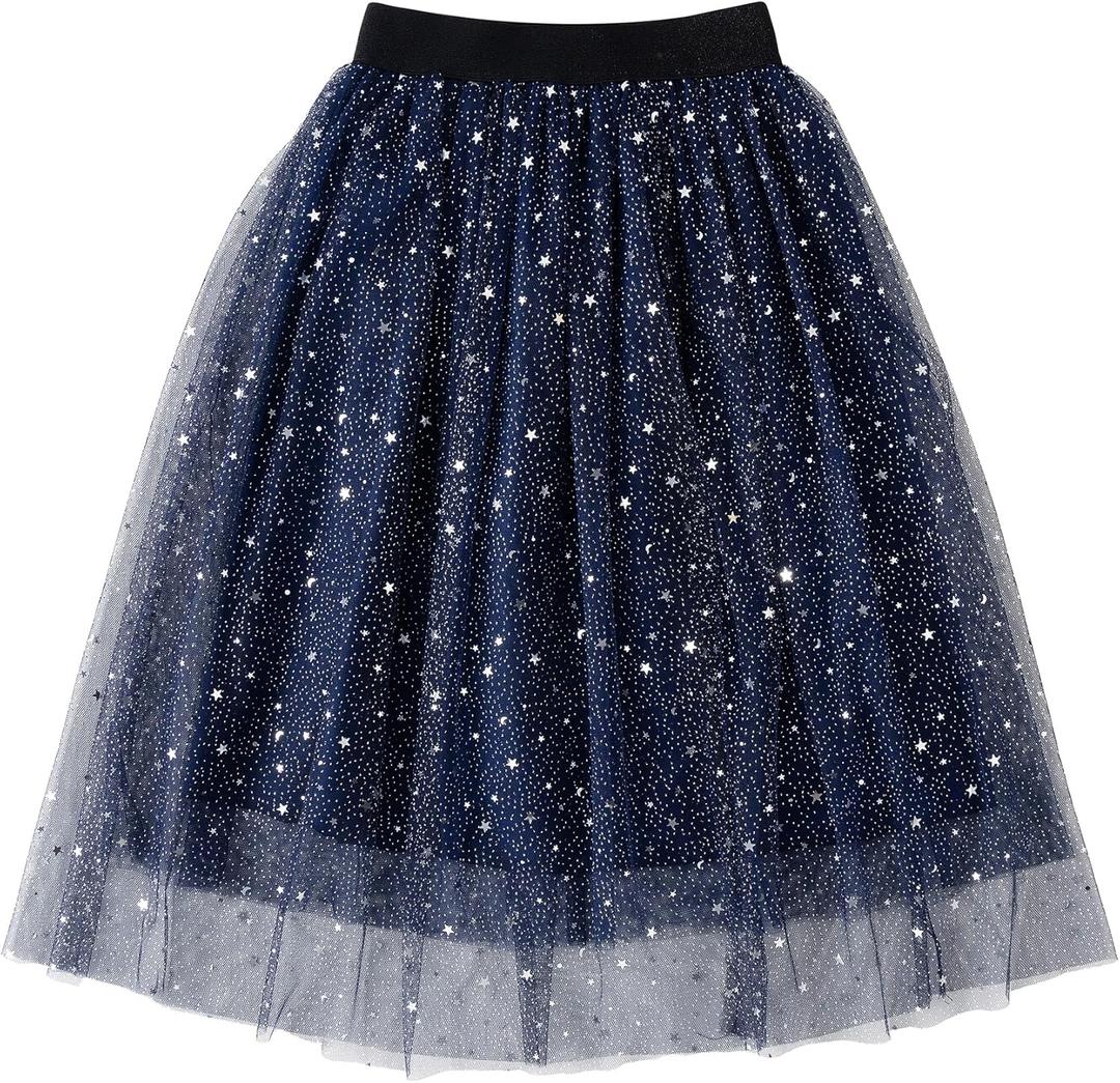 Jastore Girls Tulle Skirts A-line Mesh Skirt Long Tutu Skirts Dress Stars Sequins Tutu Skirt for Toddler Girls (5-8 Years)