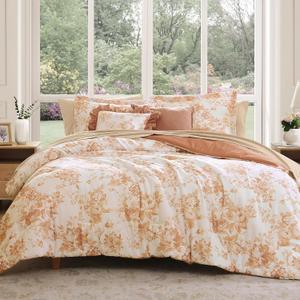 BLOOMHAVEN Full Comforter Set -7 Pieces Autumn Leaf Floral Comforter Set for All Seasons, Bed in a Bag Full with Botanical Flowers Comforter, Sheets, Pillowcases & Shams