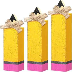 Yuntau 3 Pcs Back to School Table Decor Wooden Pencil Block Signs Rustic Farmhouse wood Pencil Tabletop Centerpieces for The First Day of School Home Classroom Desk Shelf Tiered Tray Decor