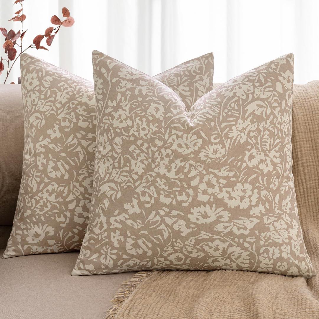 MIULEE Floral Pillow Covers Decorative Throw Pillow Covers 18x18 Pack of 2 Modern Linen Cushion Covers Farmhouse Neutral Pillow Covers for Living Room Sofa Bed,Cream Oatmea