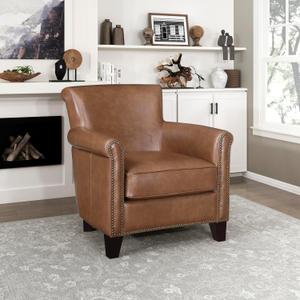 Lexicon 100% Top Grain Genuine Leather Chair, Leather Accent Chairs for Living Room, Solid Wood Frame, Rolled Armrest & Nailhead Trim, Comfy Reading for Bedroom, Office, Waiting Room, Brown