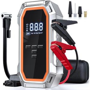 Jump Starter with Air Compressor, 5000A 150PSI Car Battery Jump Starter (9.0 Gas/8.0L Diesel), 12V Jump Box Car Battery Jumper Starter Portable with Jumper Cables, LCD Display, Lights (Orange)
