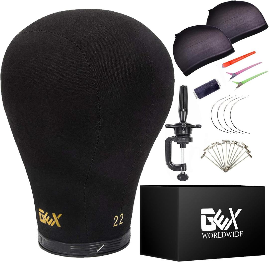 GEXWORLDWIDE GEX 20"-24" Canvas Cork Wig Block Mannequin Head for Wig Making Drying Styling Display with Table C Clamp Stand Holder (Black 22")