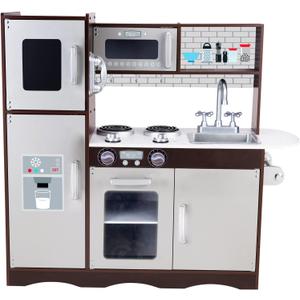 Kitchen Playset for Kids Ages 3-8, Wooden Pretend Play Kitchen with Realistic Sounds, Including Telephone, Ice Maker, Refrigerator, Dimensions: 35 H x 31 W x 12 D (Black)