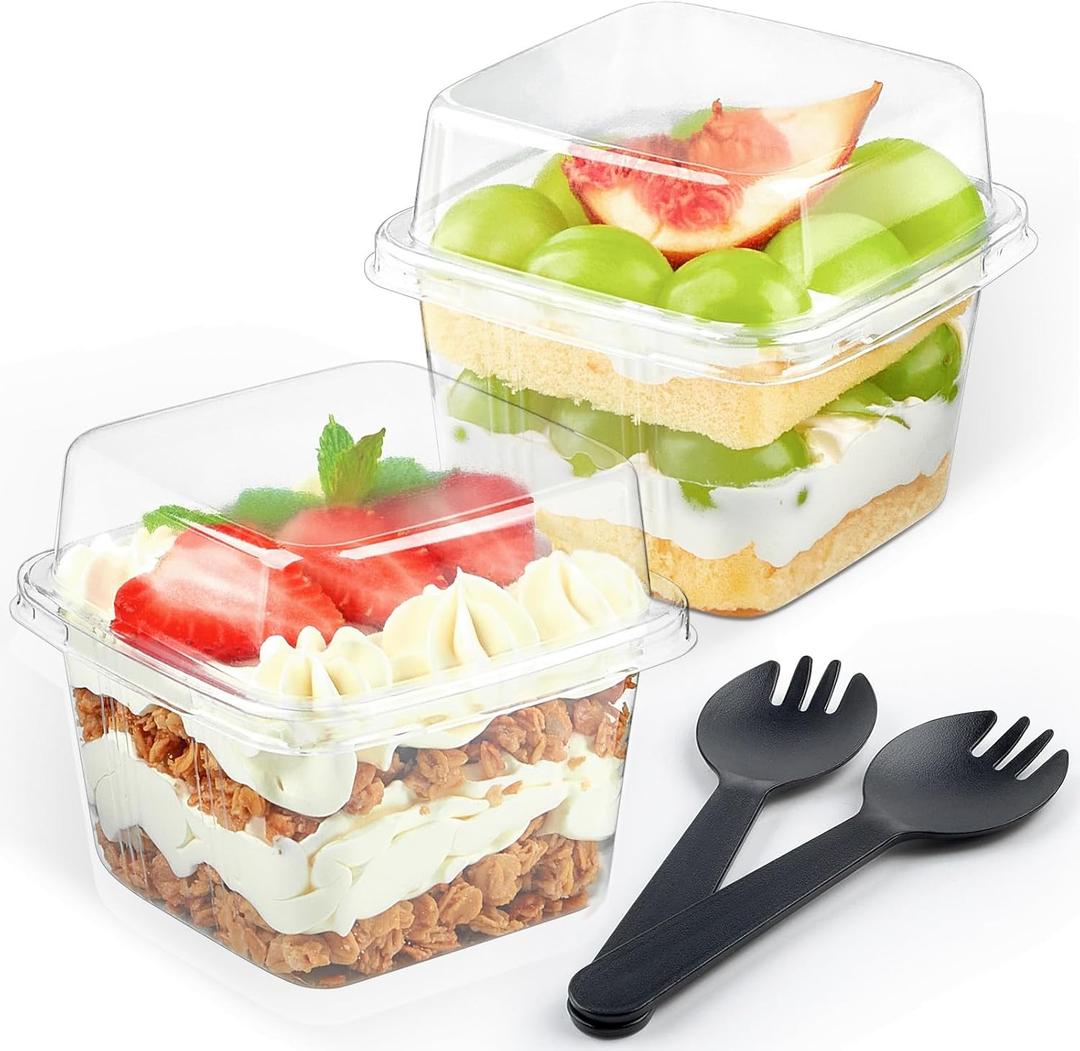 Zezzxu 50 Pack 8 oz Plastic Dessert Cups with Lids and Sporks, Square Parfait Cups with Spoons Cake Containers for Pudding, Yogurt Fruit, Mousse, Trifle and Ice Cream Zezzxu 50 Pack 8 oz Plastic Dessert Cups with Lids and Sporks, Square Parfait Cups with Spoons Cake Containers for Pudding, Yogurt Fruit, Mousse, Trifle and Ice Cream