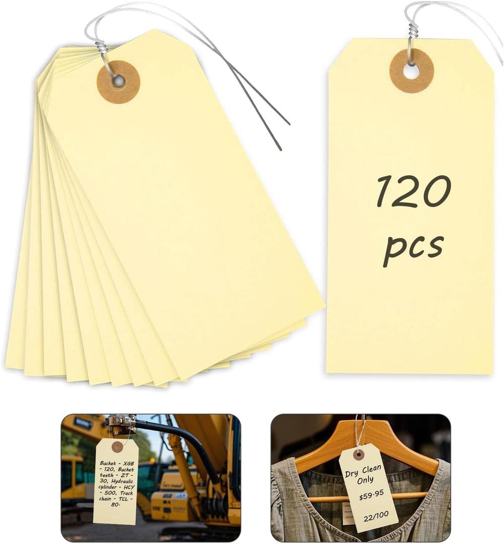 SallyFashion Tags with Metal Wire Attached, 120 PCS Blank Manila Pricing Tags for Labeling, Equipment Shipping Labels with String for Luggage Garage Clothing Inventory, 4 3/4" x 2 3/8" , Yellow 