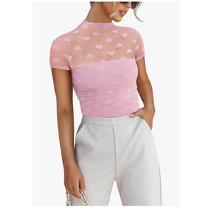 REORIA Women's Sexy Mock Turtle Neck Short Sleeve Shirts Sheer Mesh Ruched Trendy Going Out Bodysuits Tops, Size M
