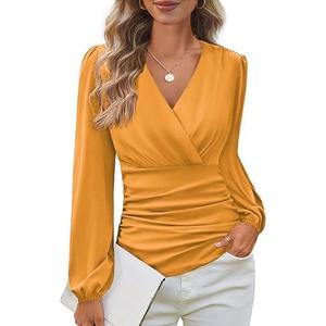 GRACE KARIN Long Sleeve Blouses for Women Dressy Casual, Wrap Tops Work Shirts, 2026 Spring Business Outfits, Size S, Mustard Yellow