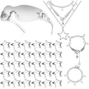 Y2k Accessories Set Included Star Y2k Silver Necklace Grunge Layered Necklace Y2K Sunglasses Star Hair Clip Y2k Silver Hair Clips Vintage Jewelry Set for Women