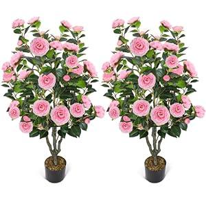 2 Pack 42" Artificial Camellia Tree with 36 Blooming Flowers Faux Floral Trees Tall Plastic Potted Fake Plant for Indoor Outdoor Office Shop Home Room Porch Front Door