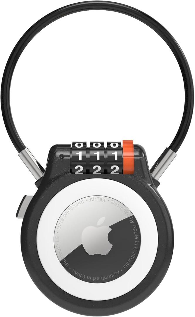 Lockable AirTag Holder with Combination Lock, Compatible with Apple Air Tag, Metal AirTag Holder Lock for Luggage, Suitcase, Stroller, Car, Kids Backpack Tracking, GPS Tracker Tag Case (Black)