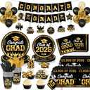 Graduation Decorations 2026, Black and Gold Graduation Party Tableware Supplies for 25 Guests, Disposable Plates Napkins Cups Cutlery Tablecloth and Congrats Grad Banner for Grad Party Decorations
