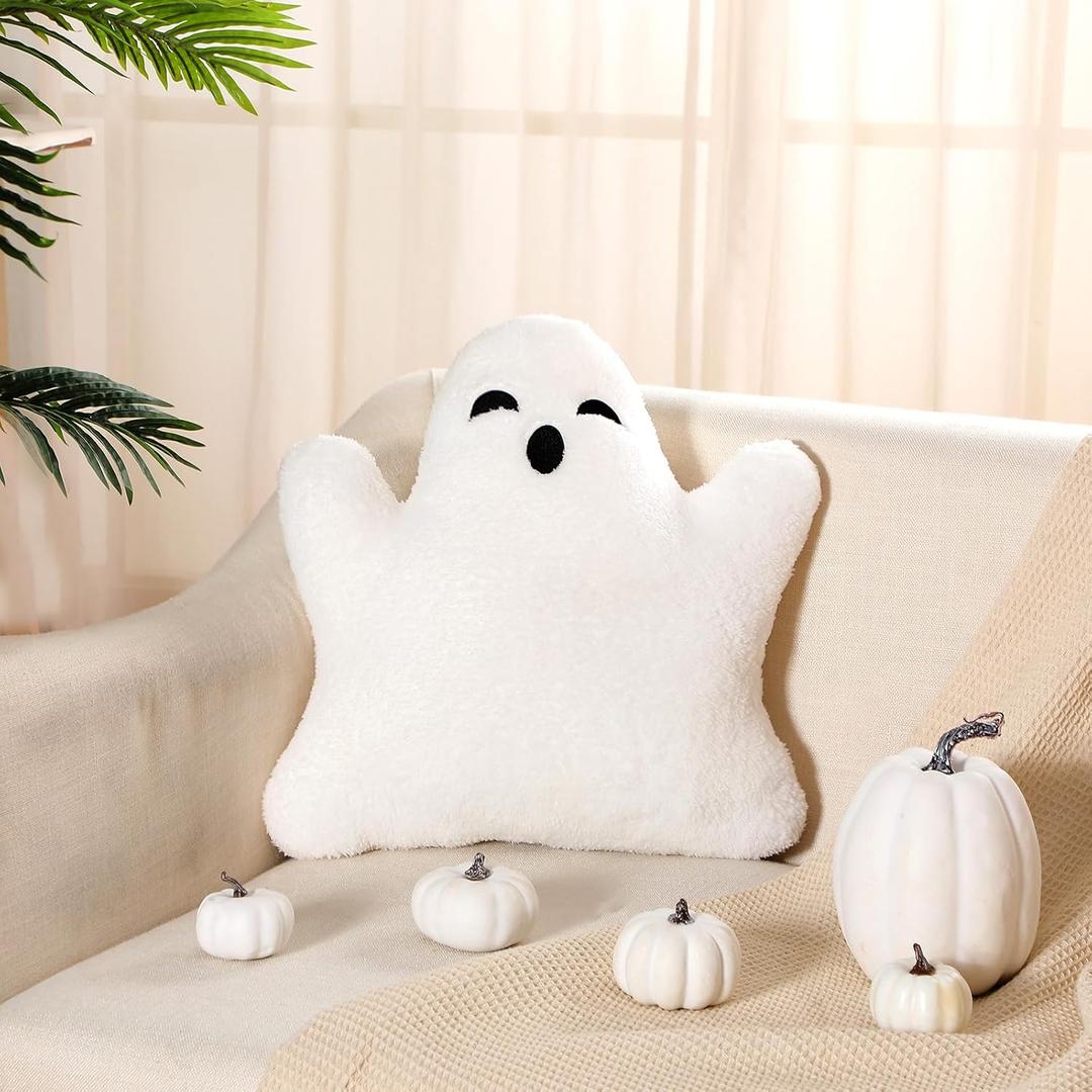 Ghost Halloween Pillows Cute Happy Halloween Ghost Shaped Throw Pillow Decorative Spooky Pillow 19.7 x 16.5 Inch Ghost Decor Stuffed Halloween Pillow for Couch Home Sofa Cushion (White)