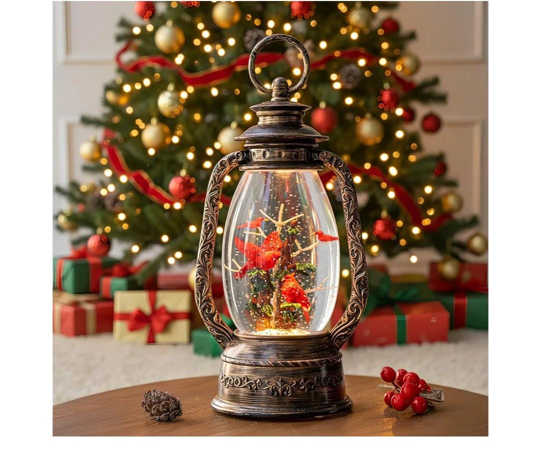Christmas Snow Globe Lantern Water Glittering 12'' Cardinal with Music, USB Lined/Battery Operated Lighted Lantern for Christmas Festival Decoration Gifts