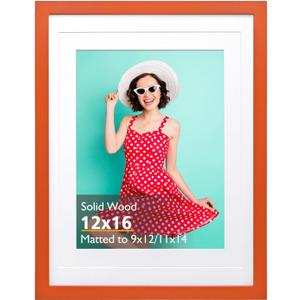 KINLINK 12x16 Picture Frame, Orange Solid Wood Frame with Acrylic Plexiglass for Pictures 11x14/9x12 with Mat or 12x16 without Mat,Wall Display Photo Frame 1 Pack