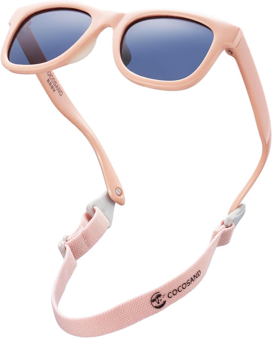 COCOSAND Flexible Baby Sunglasses with Strap Polarized UV Protection for Toddler Infant Newborn Boy Girl Age 0-24 Months (Baby Pink With Grey Lens)