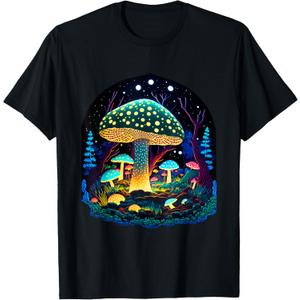 Mushroom Whisperer Colorful Fungi Design T-Shirt (Small, Black)