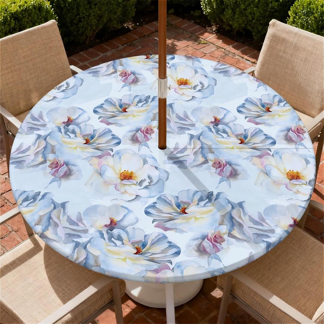 Round Outdoor Tablecloth with Umbrella Hole and Zipper, Elastic Fitted Waterproof Patio Tablecover for Garden Patio Backyard Picnic BBQ, Fits 37"-44" Round Table, Watercolor Floral