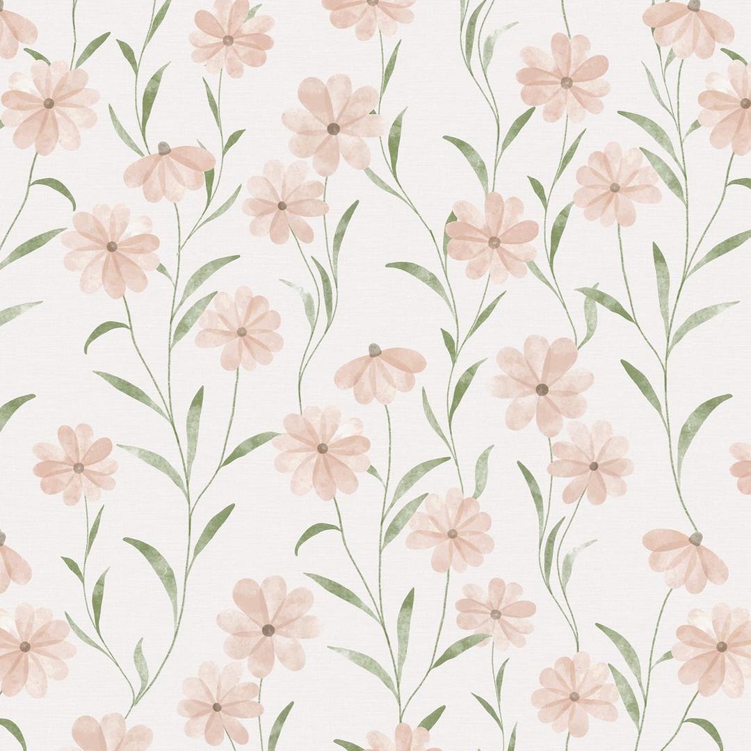 Pink Floral Wallpaper Peel and Stick Daisy Wallpaper TexturedBoho Contact Paper Removable Vintage Stick on Self Adhesive for Bedroom Bathroom Cabinets, Pink Green, 17.3 x 394inch