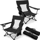 Joyfair Beach Camping Chair (2 Pack), Outdoor Folding Lawn Chair for Adults, Heavy Duty Portable Chair with Armrest for Outside Fishing, Sport, Patio, Cup Holder & Storage Pocket, Carry Bag (Black)