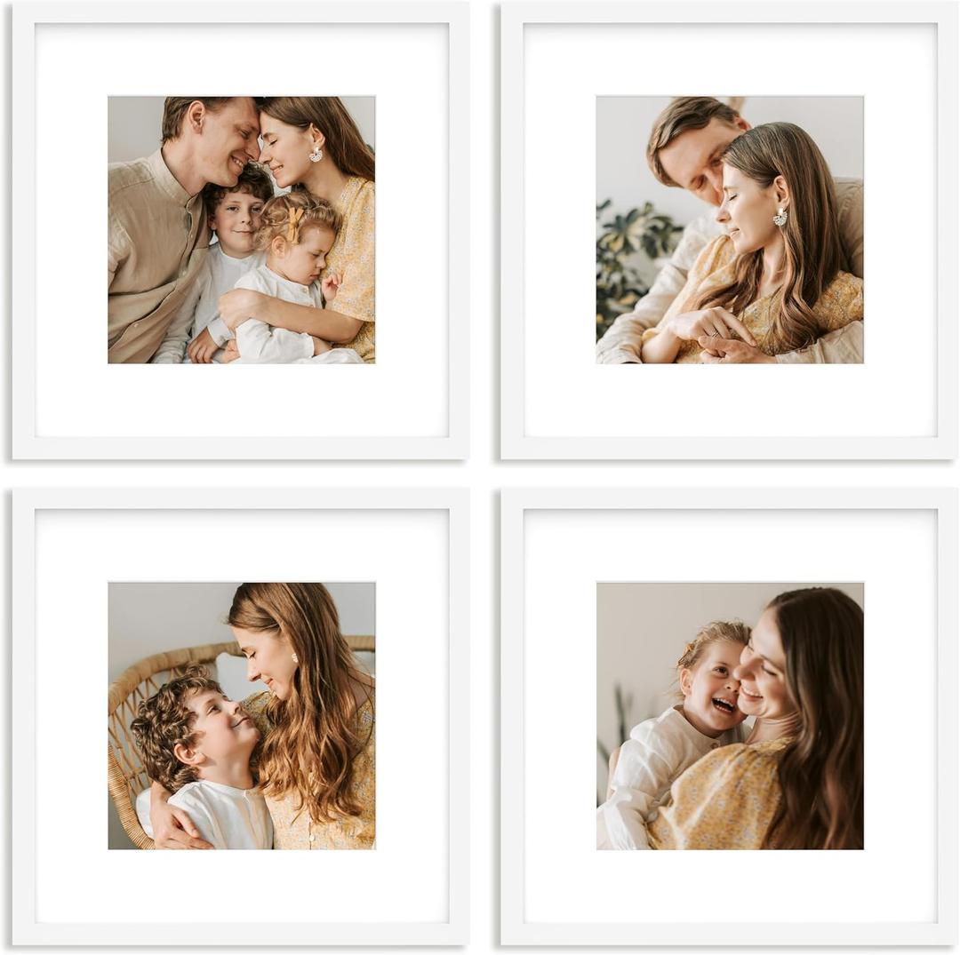 An&He 12x12 Picture Frames Set of 4, Displays 8x8 with Mat or 12x12 Without Mat Photos, Square Collage Wall Decor for Gallery, Wall Decor, White