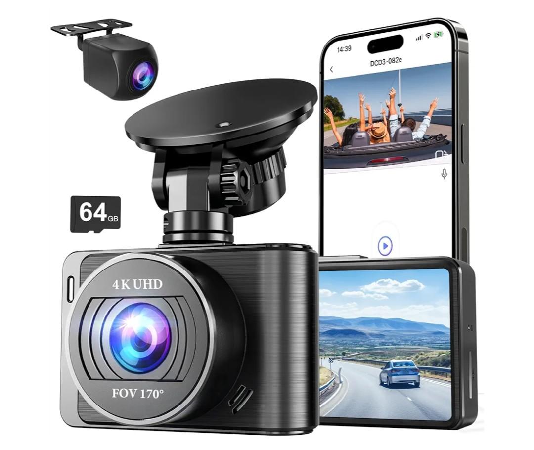 Dash Camera, 4K/1080p Dash Camera Front and Rear, Built-in 5GWiFi, Dash Cam with 64GB SD Card, Full HD 2.0” IPS Screen, for App Control, G-Sensor, Loop Recording, and Parking Mode
