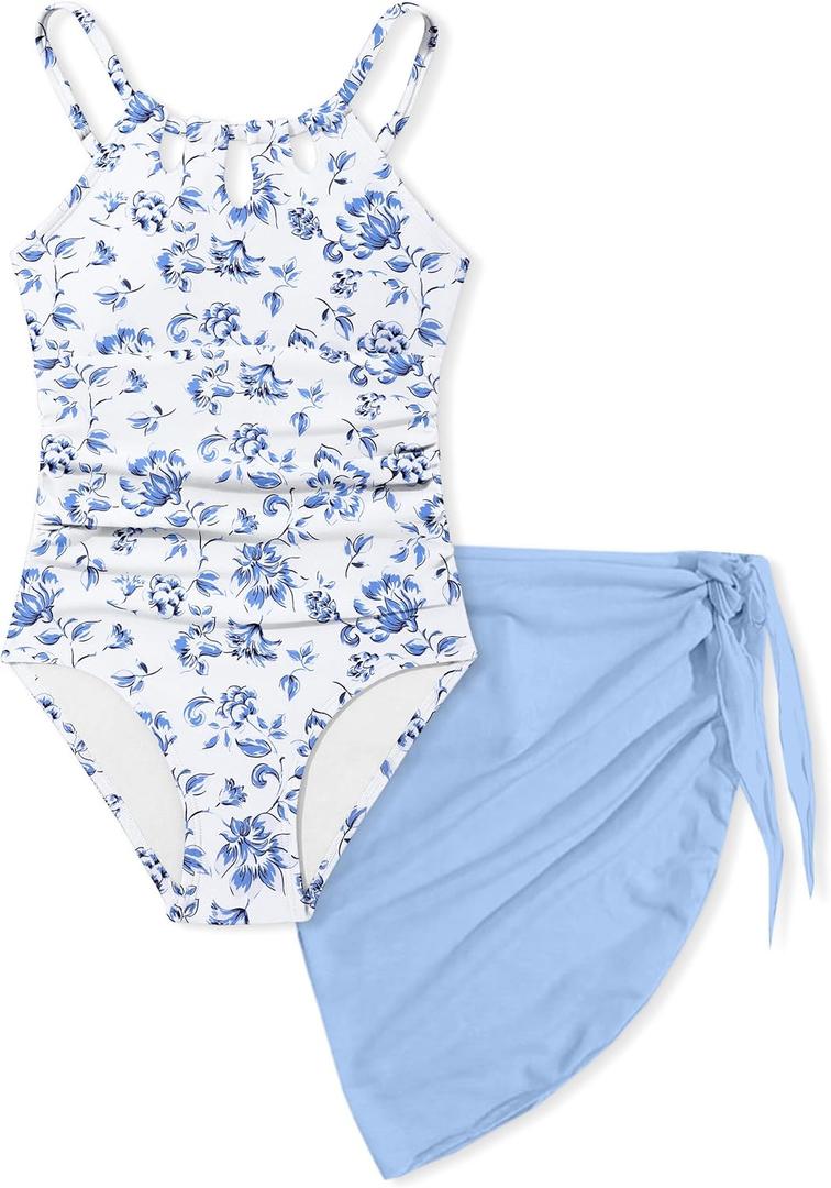 KANGKANG Girls Swimsuit Quick Dry Cut Out One Piece Swimsuits with Tropical Print Cover Up Skirt Bathing Suit Swimwear 7-18Y (13-14 Years, Light Purple Floral)