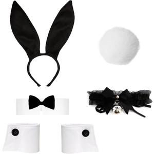 Rabbit Ear Headband,Bunny Costumes Set for Women,Pom-Pom Tail,Bow Tie,Bell Lace Neckline Knot Kit (Black)