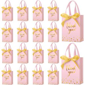 Kolldenn 36 Pack Small Thank You Gift Bags with Handles 5.9 x 4.3 x 2.4 inches Party Favor Bags Bulk with Bow Ribbon for Candy Goodie Gift Wedding Graduation Birthday Bridal Shower (Pink)