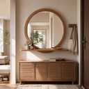 Vercraft 30 Inch Round Wall Mirror with Shelf Solid Wood Frame Rustic Circle Mirror Handcrafted for Entryway Bathroom or Living Room Decorative (Brown)