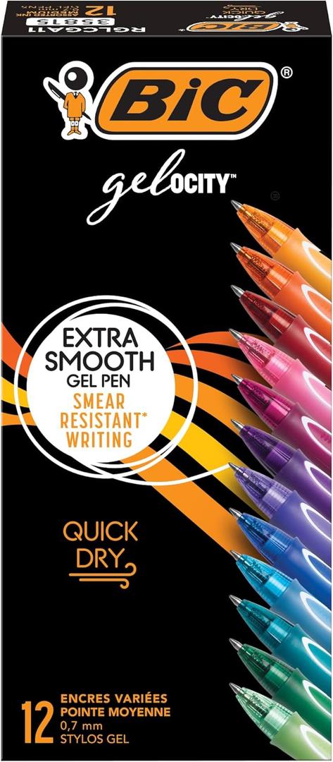 BIC Gelocity Quick Dry Gel Pen with Fast Drying Ink and Comfortable Grip, 12-Count in Assorted Colors