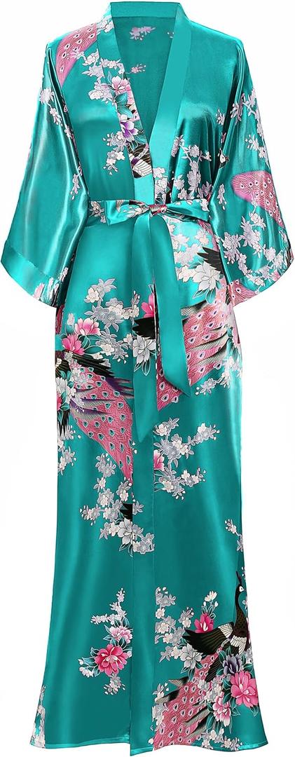 BABEYOND Women's Kimono Robe Long Satin Robes with Peacock and Blossoms Printed Kimono Nightgown (Dark Green) One Size