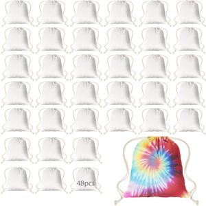 Drawstring Backpack Sublimation Blanks, Thickened Fabric White Cotton Canvas DIY for Tie Dye Bulk 48PCS
