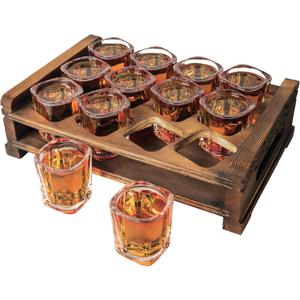 LINALL Heavy Duty Shot Glass Set - 12pcs, 2oz/ 60ml with Wood Holder for Party, Club, Cocktail (Brown)