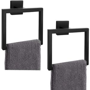 2-Piece Matte Black Square Towel Ring,Modern Hand Towel Holder for Bathroom,Stainless Steel Towel Hangers Wall-Mounted Bathroom Accessories