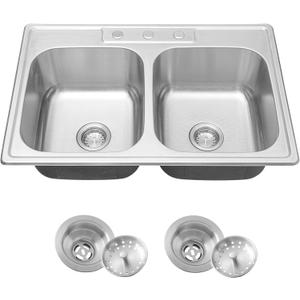 33x22-Inch Drop-in Stainless Steel 50/50 Double Bowl Kitchen Sink with Strainer, Top Mount Double Bowl Kitchen Sinks with 3 holes (33" X 22"X 9")
