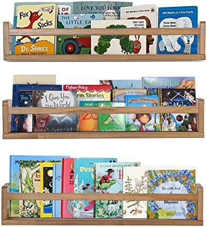 AZSKY Nursery Shelves Light Walnut Floating Book Shelf Organizer for Baby Nursery Décor Wall Book Shelves for Kids Room 24 Inch Wood Wall Ledge Shelves for Bathroom Kitchen Spice Rack a Set of 3