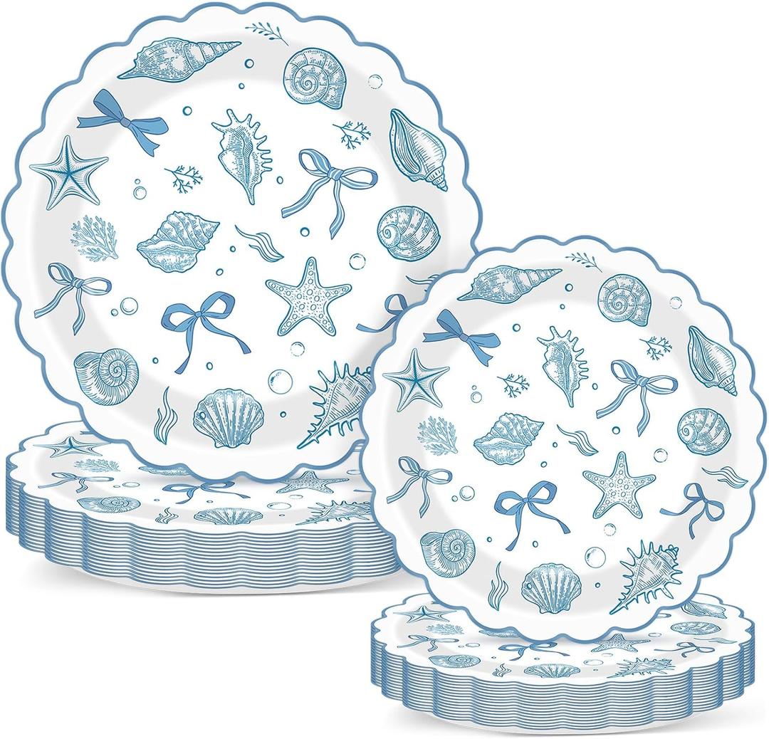 48pcs Scalloped Coastal Party Plates Ocean Theme Party Decorations Tropical Blue Bow Starfish Seashell Tableware Blue Bachelorette Decoration for Summer Beach Wedding Bridal Shower Birthday Supplies