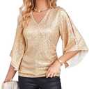 GRACE KARIN Womens Sparkly Sequin Tops,3/4 Sleeve Glitter Party Dressy Blouse,V-Neck Disco Evening Club Concert Shirt XL