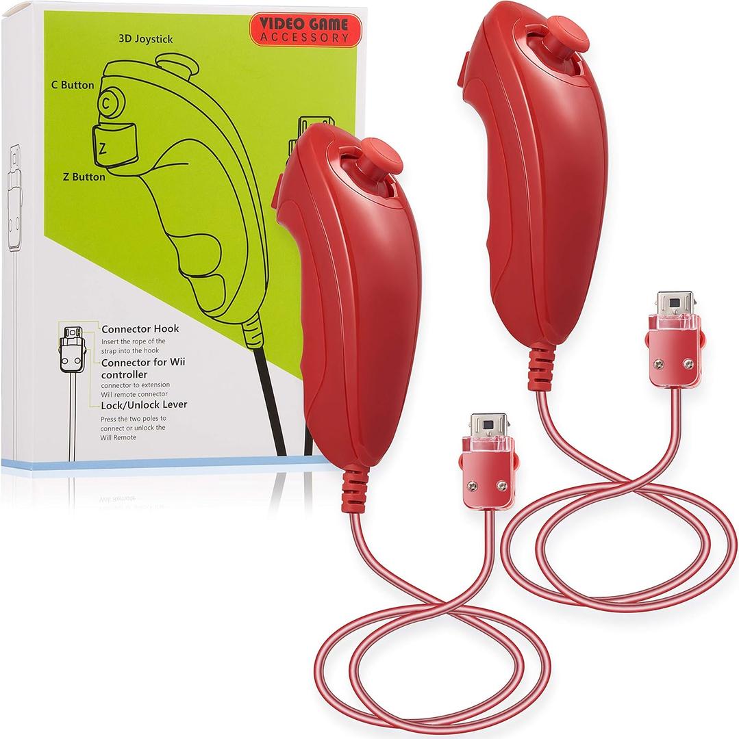 Wii Nunchuck Controller 2 Pack Nunchuck Controller Joystick Gamepad Replacement for Wii Console Video Games (2 Pack Red)