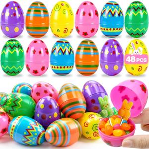 48 PCS 3" Printed Fillable Plastic Easter Eggs - Bright & Colorful Empty Eggs for Kids for Kids Teens Boys Girls Classroom Prizes Easter Basket Stuffers Hunt Easter Party Favor
