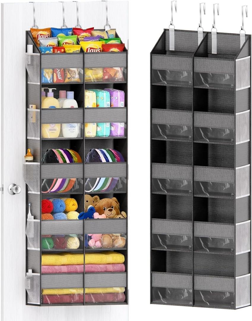 Over The Door Organizer with 5 Shelves, 9 Compartments + 10 Side Pockets, 90+ lbs Weight Capacity, Heavy-Duty Behind the Door Organizer Hanging Closet Organizer and Storage for Room Essentials (Grey)
