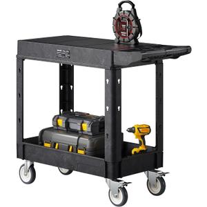 VEVOR Utility Cart, 550 lbs Load Capacity, 31.3 x 17.7-inch Service Cart, Two-Shelf Heavy Duty Plastic Utility Cart with 360° Swivel Wheels (2 with Brakes), Suitable for Warehouse, Garage, Cleaning
