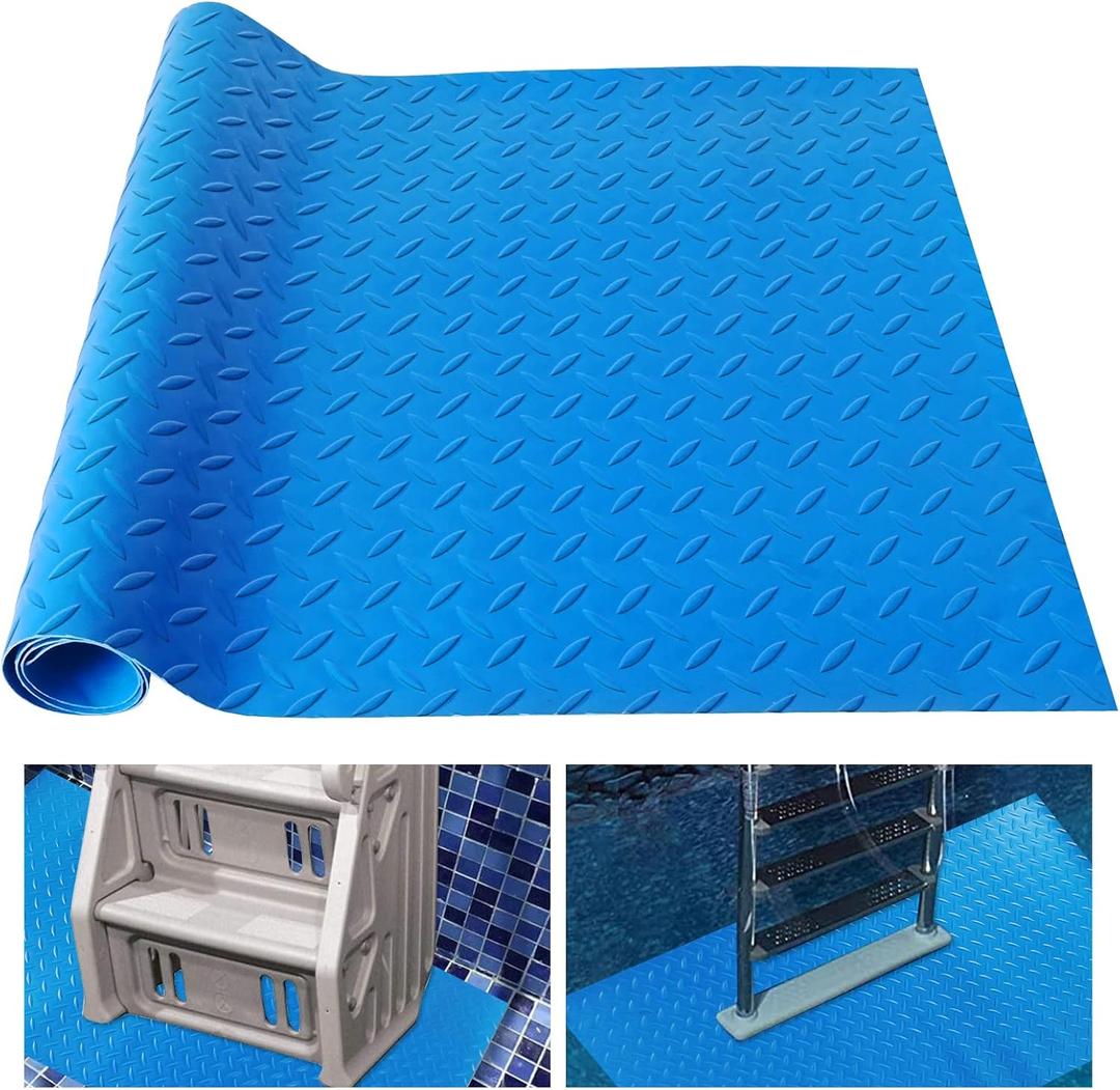 Large Swimming Pool Ladder Mat, 17"x38" Protective Non-Slip Pool Step Pad with TextureProtective Ladder Pad for Above Ground Swimming Pools Liner and Stairs (Blue)