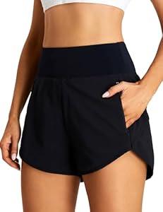 BMJL Women's Athletic Shorts Running High Waisted Shorts Pocket Sporty Workout Shorts Quick Dry Gym Shorts Pants(L, Black)