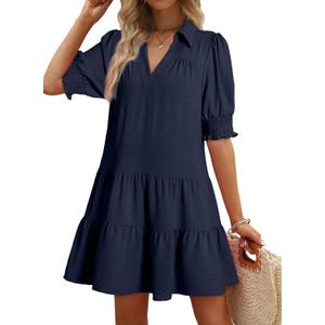 Dokotoo Casual Dresses for Women Lapel Collared V Neck Mid Sleeved Pleated Summer Dresses for Women 2026 Midi Dresses, Blue, XL