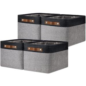 DULLEMELO Canvas Storage Bin with Handles,  Fabric Bins for Shelves, Bedroom, Office, Nursery, Fabric Storage Baskets for Toys, Clothes, Gift(Black&Grey, 15"x11"x9.5", 4-Pack)